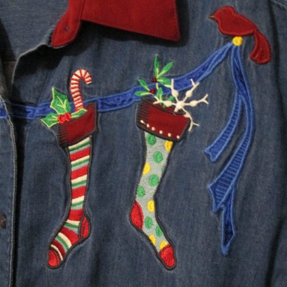 Karen Scott Christmas top denim button down long sleeve holiday size XL - Picture 6 of 10